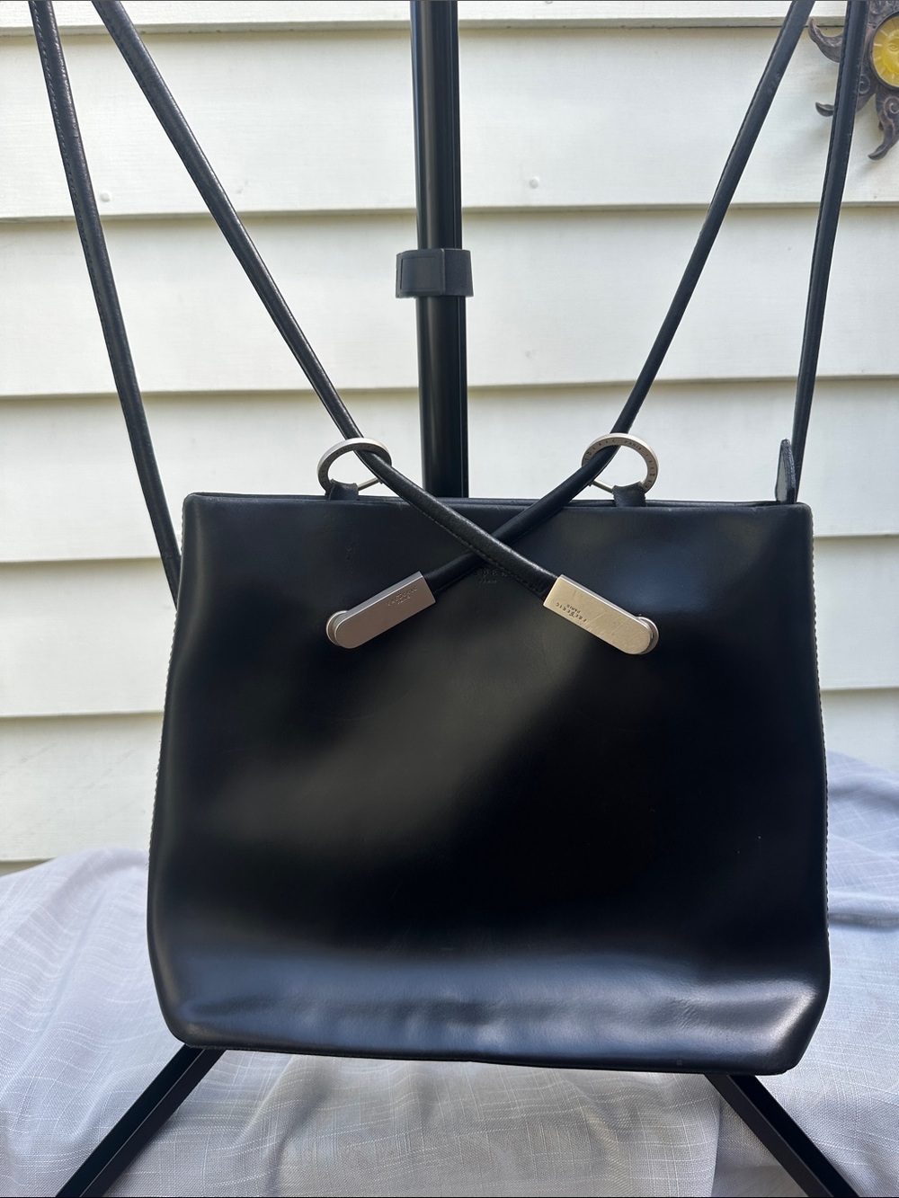 Frederic T Paris Black Leather Convertible Tote /Backpack with Silver Tabs